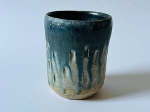 Handmade Studio Pottery Ceramic Cup Blue Drip Glaze and Textured Exterior